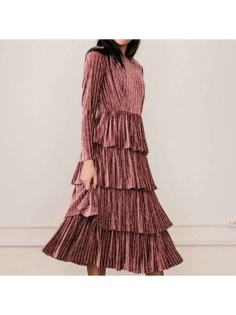 Anthropologie Jessa Kae Midi Dress Velvet Whimsigoth Dark Romance Pink Ruffles